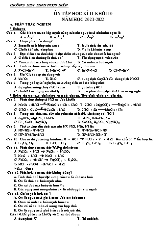 Đề ôn tập học kì II Hóa học Khối 10 - Năm học 2021-2022
