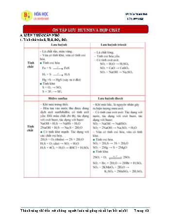 Đề ôn tập môn Hóa học 10 - Ôn tập lưu huỳnh và hợp chất