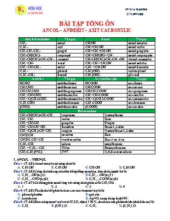 Đề ôn tập môn Hóa học 12 - Ôn ancol-anđehit-axit cacboxylic