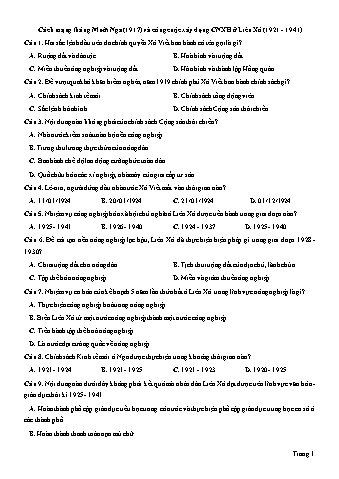 Đề ôn tập môn Lịch sử 12 - Chuyên đề: Cách mạng tháng Mười Nga (1917) và công cuộc xây dựng CNXH ở Liên Xô (1921-1941)