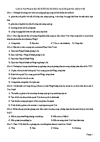 Đề ôn tập môn Lịch sử 12 - Chuyên đề: Lịch sử Việt Nam từ đầu thế kỉ XX đến hết Chiến tranh thế giới thứ nhất (1918)