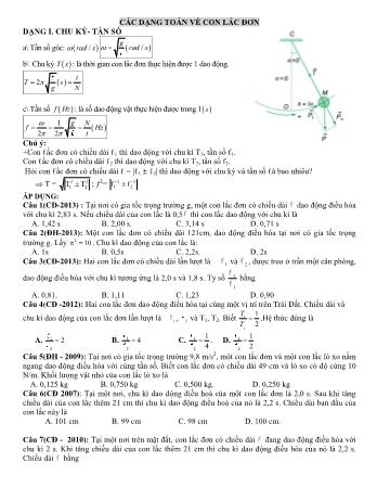Đề ôn thi môn Vật lí 10 - Các dạng bài tập con lắc đơn