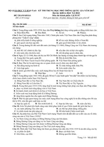 Đề tham khảo THPT Quốc gia môn Lịch sử - Mã đề: 003 - Năm học 2017