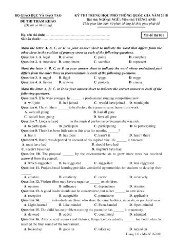 Đề tham khảo THPT Quốc gia môn Tiếng Anh - Mã đề: 001 - Năm học 2018