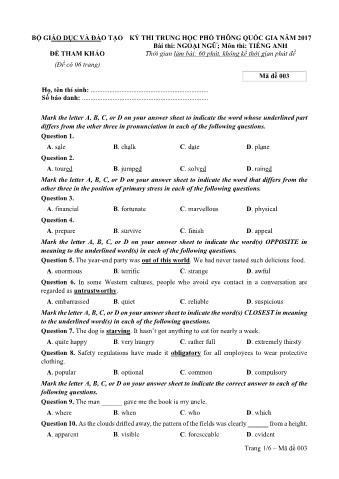 Đề tham khảo THPT Quốc gia môn Tiếng Anh - Mã đề: 003 - Năm học 2017