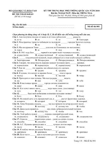 Đề tham khảo THPT Quốc gia môn Tiếng Nga - Mã đề: 001 - Năm học 2018