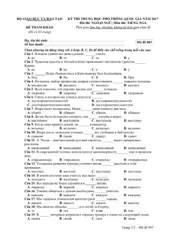 Đề tham khảo THPT Quốc gia môn Tiếng Nga - Mã đề: 003 - Năm học 2017