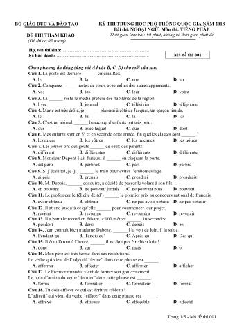 Đề tham khảo THPT Quốc gia môn Tiếng Pháp - Mã đề: 001 - Năm học 2018