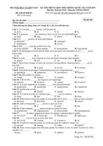 Đề tham khảo THPT Quốc gia môn Tiếng Pháp - Mã đề: 003 - Năm học 2017