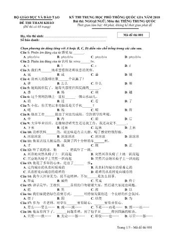 Đề tham khảo THPT Quốc gia môn Tiếng Trung - Mã đề: 001 - Năm học 2018