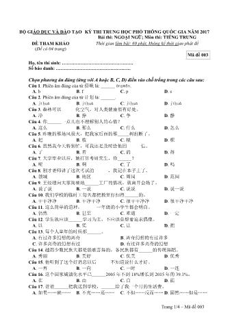 Đề tham khảo THPT Quốc gia môn Tiếng Trung - Mã đề: 003 - Năm học 2017