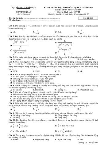 Đề tham khảo THPT Quốc gia môn Vật lí - Mã đề: 003 - Năm học 2017