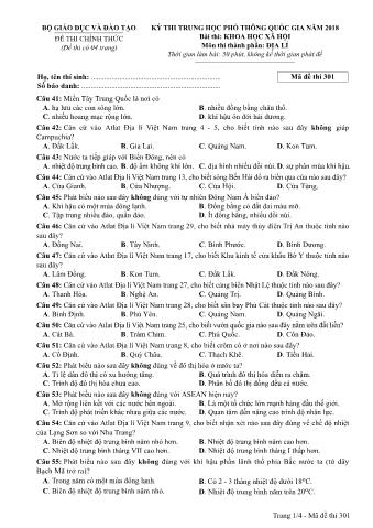 Đề thi chính thức THPT Quốc gia môn Địa lí - Mã đề: 301 - Năm học 2018 (Có đáp án)