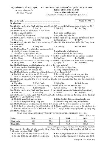 Đề thi chính thức THPT Quốc gia môn Địa lí - Mã đề: 302 - Năm học 2018 (Có đáp án)