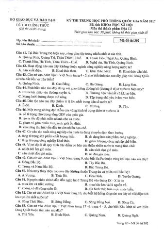 Đề thi chính thức THPT Quốc gia môn Địa lí - Mã đề: 302 - Năm học 2017 (Có đáp án)