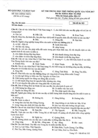 Đề thi chính thức THPT Quốc gia môn Địa lí - Mã đề: 303 - Năm học 2017 (Có đáp án)
