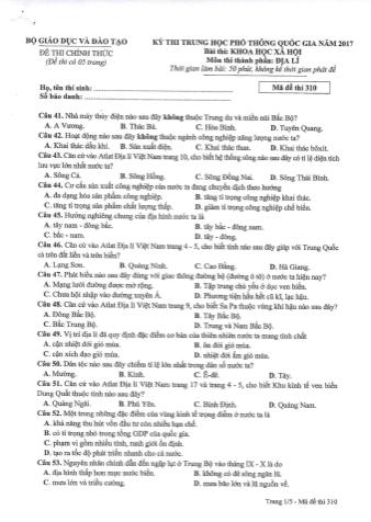 Đề thi chính thức THPT Quốc gia môn Địa lí - Mã đề: 310 - Năm học 2017 (Có đáp án)