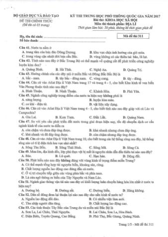 Đề thi chính thức THPT Quốc gia môn Địa lí - Mã đề: 311 - Năm học 2017 (Có đáp án)