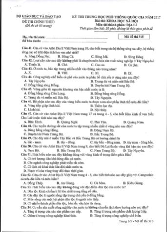 Đề thi chính thức THPT Quốc gia môn Địa lí - Mã đề: 315 - Năm học 2017 (Có đáp án)