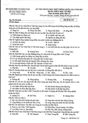 Đề thi chính thức THPT Quốc gia môn Địa lí - Mã đề: 319 - Năm học 2017 (Có đáp án)