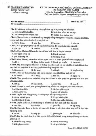 Đề thi chính thức THPT Quốc gia môn Giáo dục công dân - Mã đề: 320 - Năm học 2017 (Có đáp án)