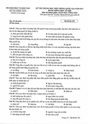 Đề thi chính thức THPT Quốc gia môn Giáo dục công dân - Mã đề: 318 - Năm học 2017 (Có đáp án)