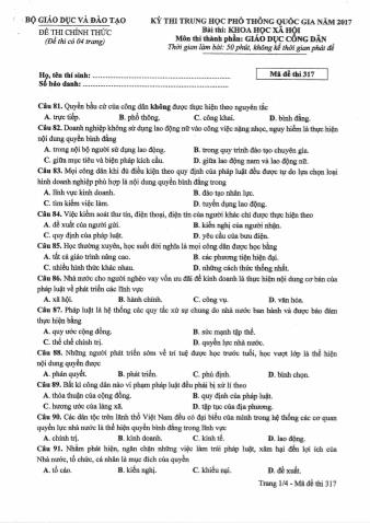 Đề thi chính thức THPT Quốc gia môn Giáo dục công dân - Mã đề: 317 - Năm học 2017 (Có đáp án)