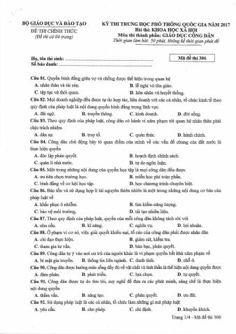 Đề thi chính thức THPT Quốc gia môn Giáo dục công dân - Mã đề: 306 - Năm học 2017 (Có đáp án)