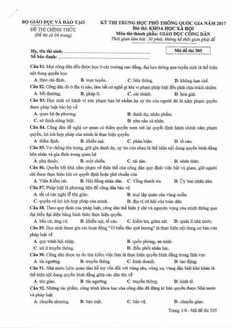 Đề thi chính thức THPT Quốc gia môn Giáo dục công dân - Mã đề: 305 - Năm học 2017 (Có đáp án)