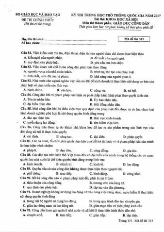 Đề thi chính thức THPT Quốc gia môn Giáo dục công dân - Mã đề: 315 - Năm học 2017 (Có đáp án)