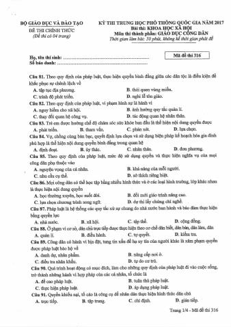 Đề thi chính thức THPT Quốc gia môn Giáo dục công dân - Mã đề: 316 - Năm học 2017 (Có đáp án)