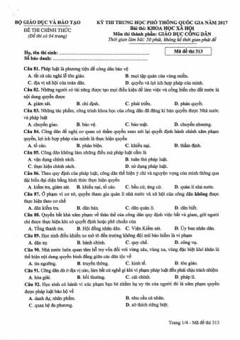 Đề thi chính thức THPT Quốc gia môn Giáo dục công dân - Mã đề: 313 - Năm học 2017 (Có đáp án)