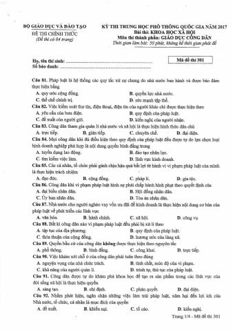 Đề thi chính thức THPT Quốc gia môn Giáo dục công dân - Mã đề: 301 - Năm học 2017 (Có đáp án)