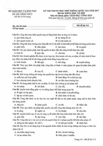 Đề thi chính thức THPT Quốc gia môn Giáo dục công dân - Mã đề: 312 - Năm học 2017 (Có đáp án)