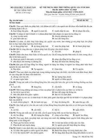 Đề thi chính thức THPT Quốc gia môn Giáo dục công dân - Mã đề: 302 - Năm học 2018 (Có đáp án)