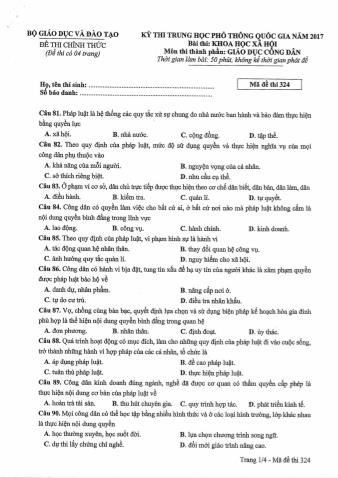 Đề thi chính thức THPT Quốc gia môn Giáo dục công dân - Mã đề: 324 - Năm học 2017 (Có đáp án)