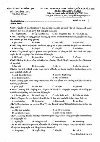 Đề thi chính thức THPT Quốc gia môn Giáo dục công dân - Mã đề: 319 - Năm học 2017 (Có đáp án)