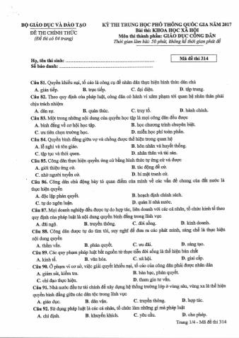 Đề thi chính thức THPT Quốc gia môn Giáo dục công dân - Mã đề: 314 - Năm học 2017 (Có đáp án)