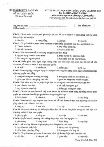 Đề thi chính thức THPT Quốc gia môn Giáo dục công dân - Mã đề: 309 - Năm học 2017 (Có đáp án)