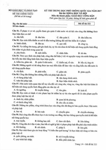 Đề thi chính thức THPT Quốc gia môn Giáo dục công dân - Mã đề: 321 - Năm học 2017 (Có đáp án)