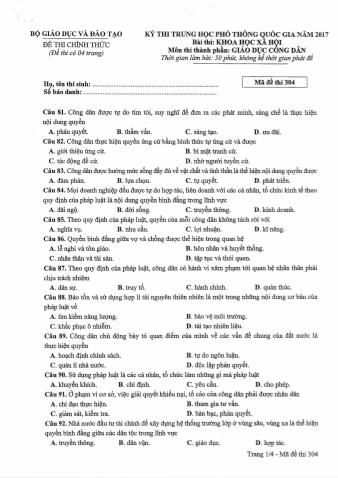 Đề thi chính thức THPT Quốc gia môn Giáo dục công dân - Mã đề: 304 - Năm học 2017 (Có đáp án)