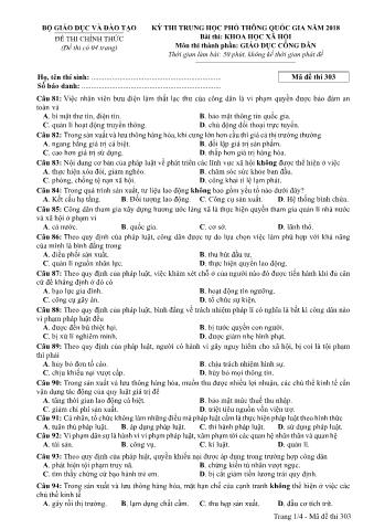 Đề thi chính thức THPT Quốc gia môn Giáo dục công dân - Mã đề: 303 - Năm học 2018 (Có đáp án)