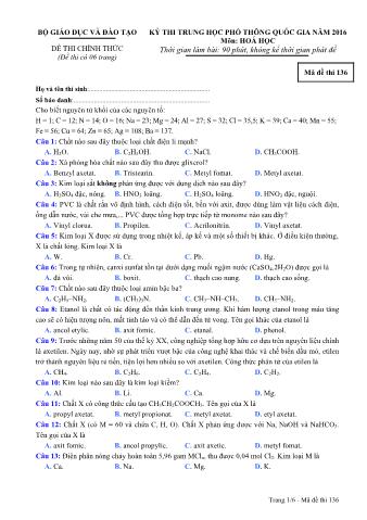 Đề thi chính thức THPT Quốc gia môn Hóa học - Mã đề: 136 - Năm học 2016 (Có đáp án)