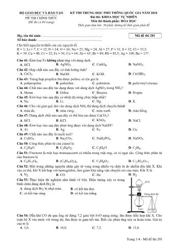 Đề thi chính thức THPT Quốc gia môn Hóa học - Mã đề: 201 - Năm học 2018 (Có đáp án)