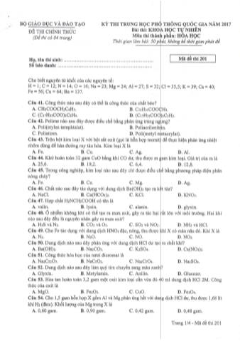 Đề thi chính thức THPT Quốc gia môn Hóa học - Mã đề: 201 - Năm học 2017 (Có đáp án)