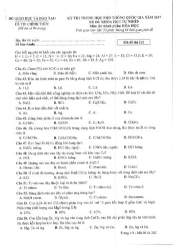 Đề thi chính thức THPT Quốc gia môn Hóa học - Mã đề: 202 - Năm học 2017 (Có đáp án)