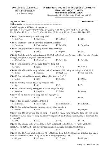 Đề thi chính thức THPT Quốc gia môn Hóa học - Mã đề: 203 - Năm học 2018 (Có đáp án)