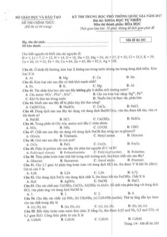 Đề thi chính thức THPT Quốc gia môn Hóa học - Mã đề: 203 - Năm học 2017 (Có đáp án)