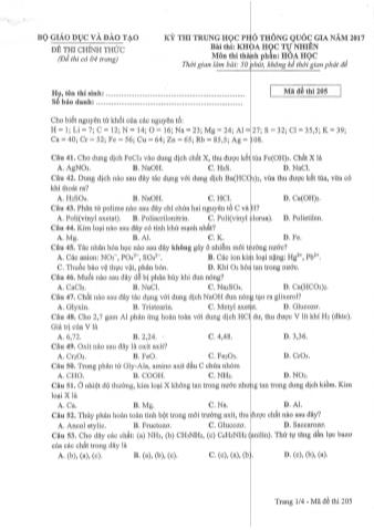 Đề thi chính thức THPT Quốc gia môn Hóa học - Mã đề: 205 - Năm học 2017 (Có đáp án)