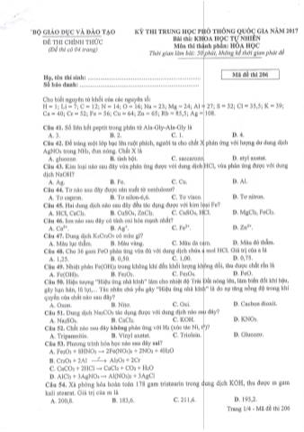 Đề thi chính thức THPT Quốc gia môn Hóa học - Mã đề: 206 - Năm học 2017 (Có đáp án)